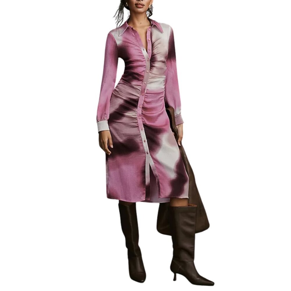 Anthropologie Baum Und Pferdgarten Pink Rose Abira Flower Midi Shirt Dress 8